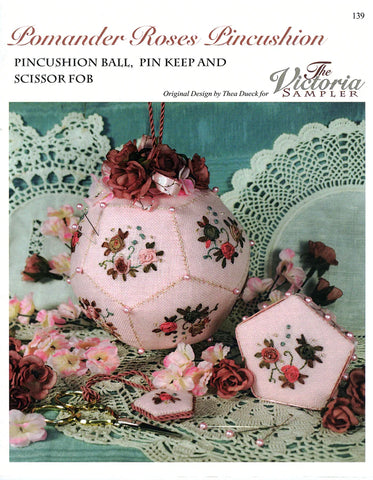 Pomander Roses Pincushion, Pink Keep and Scissor Fob, The Victoria Sampler