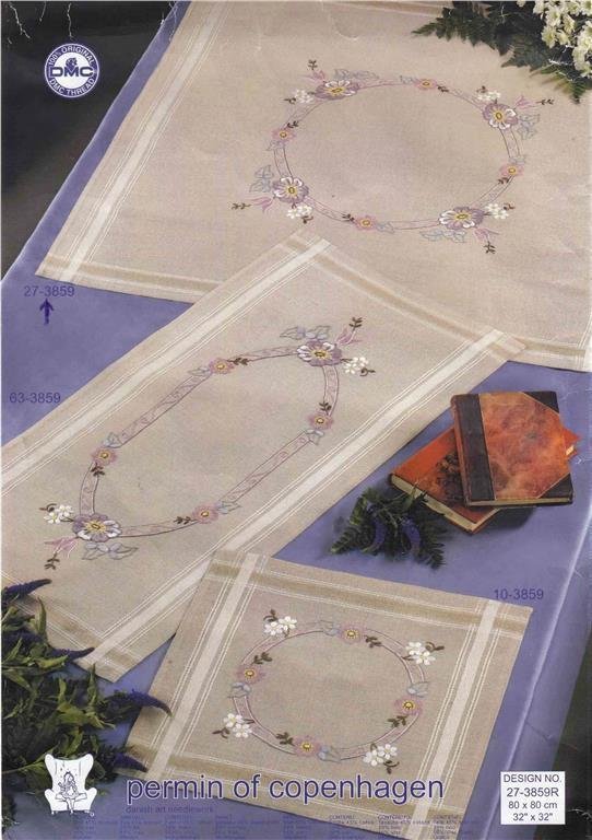 Purple Flowers on Natural Cloth Tablerunner 63-3859R, Permin